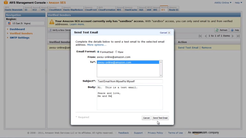 screenshot of Amazon SES